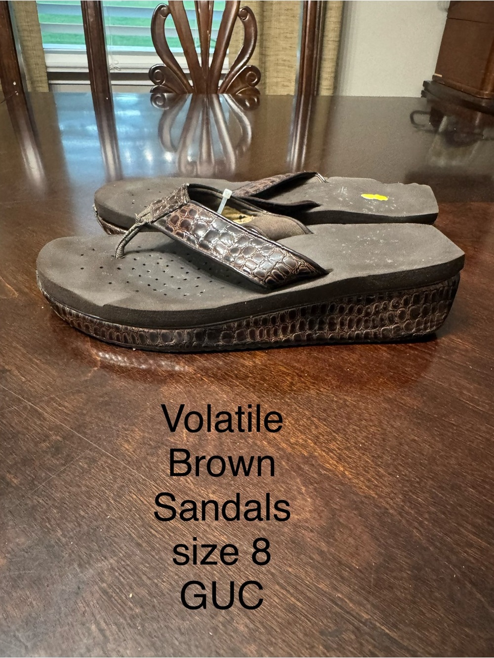 Volatile Dark Brown Croc-Embossed Platform Thong Sandals